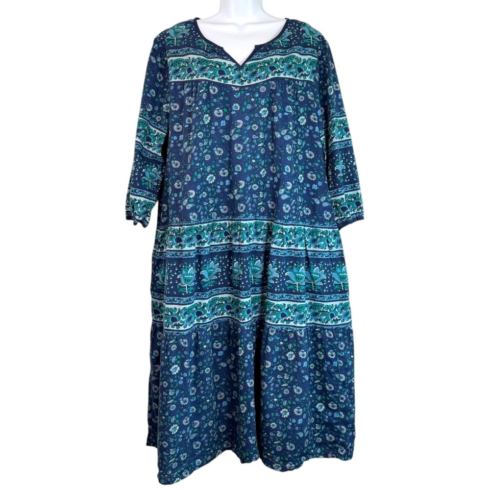 Vermont Country Store Muumuu Dress Plus Size 1X Blue Floral Boho Prairie Cottage